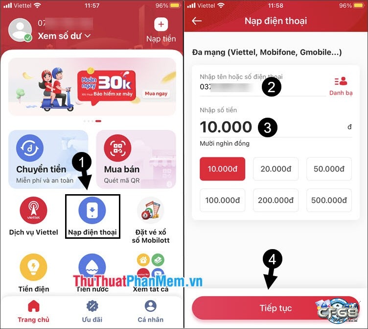 Các bước nạp thẻ viettel bằng Viettel Money