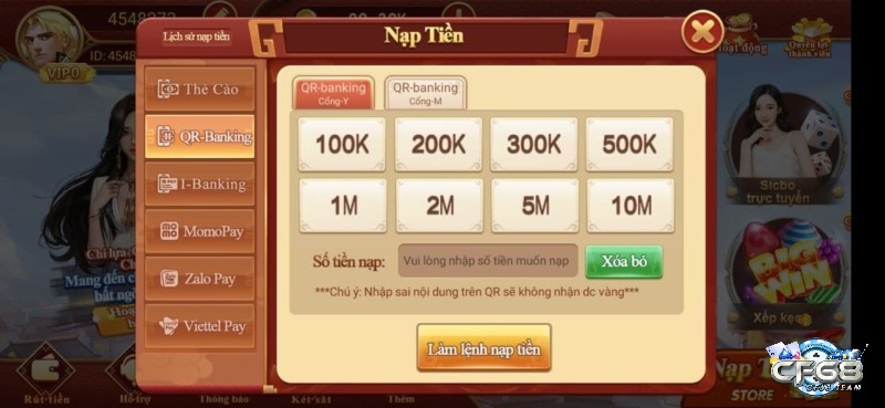 Để nạp tiền vào CF68 nhanh chóng bạn có thể lựa chọn nạp qua mã QR – Banking
